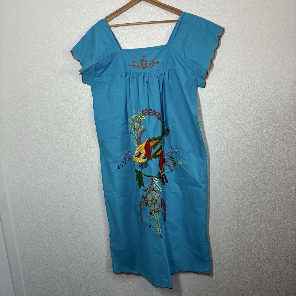 Mexican Embroidered Dress Bird Large Blue Square Neck Flutter festival